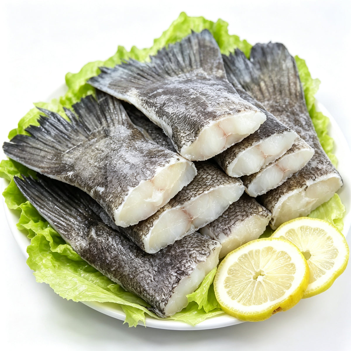 Raw cod tails arranged on a plate with lemon
