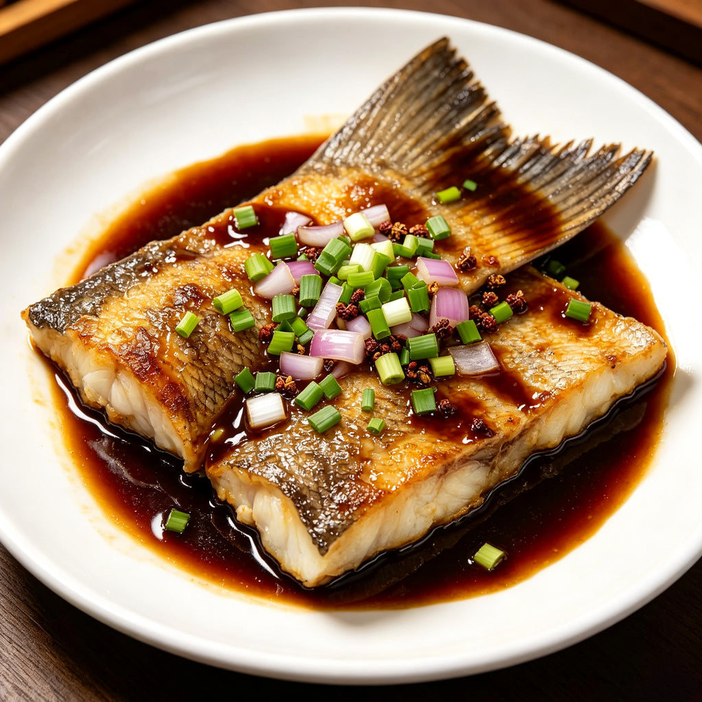 Braised cod tails glazed with soy and spring onion