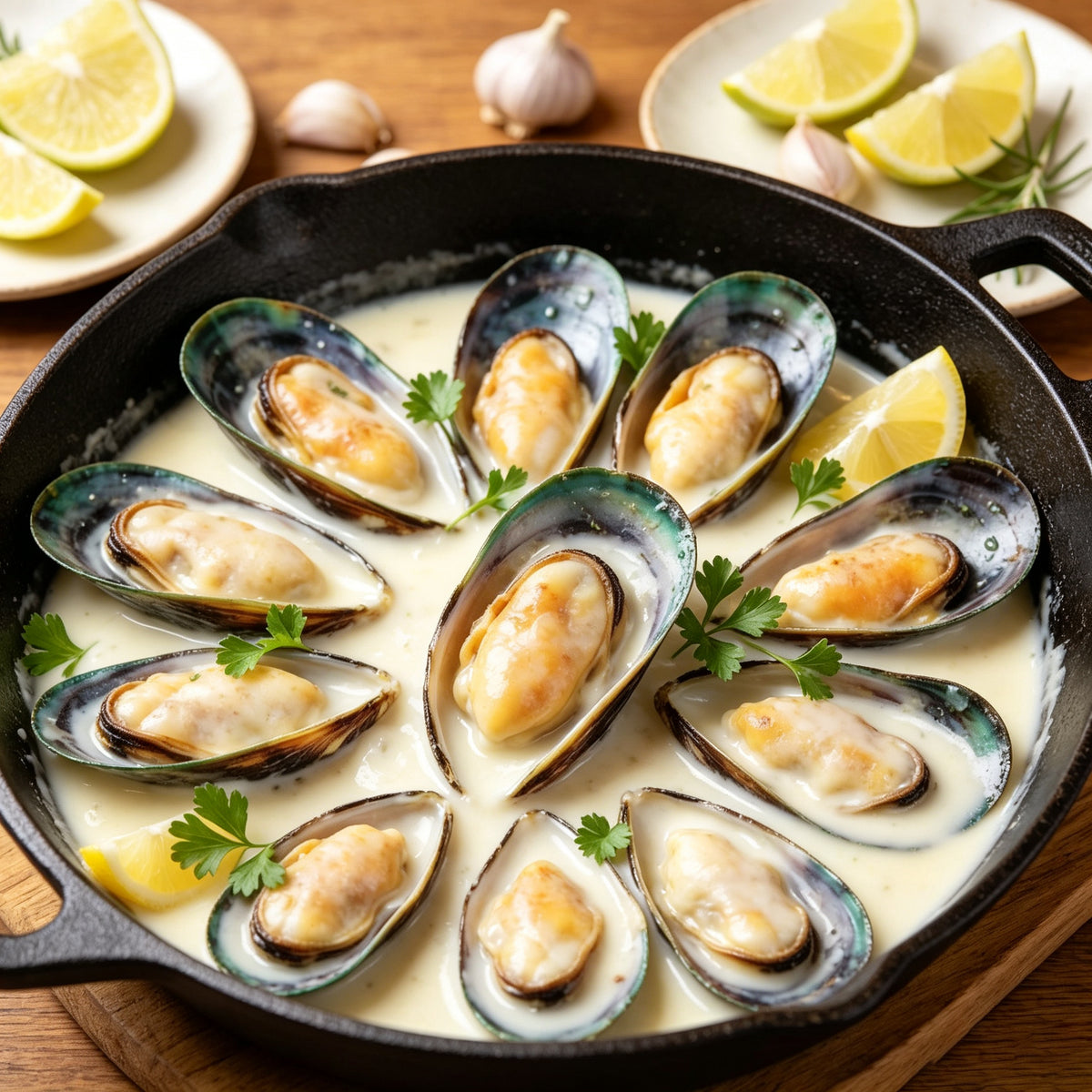 Green lipped mussels simmered in a creamy sauce in a cast iron pan