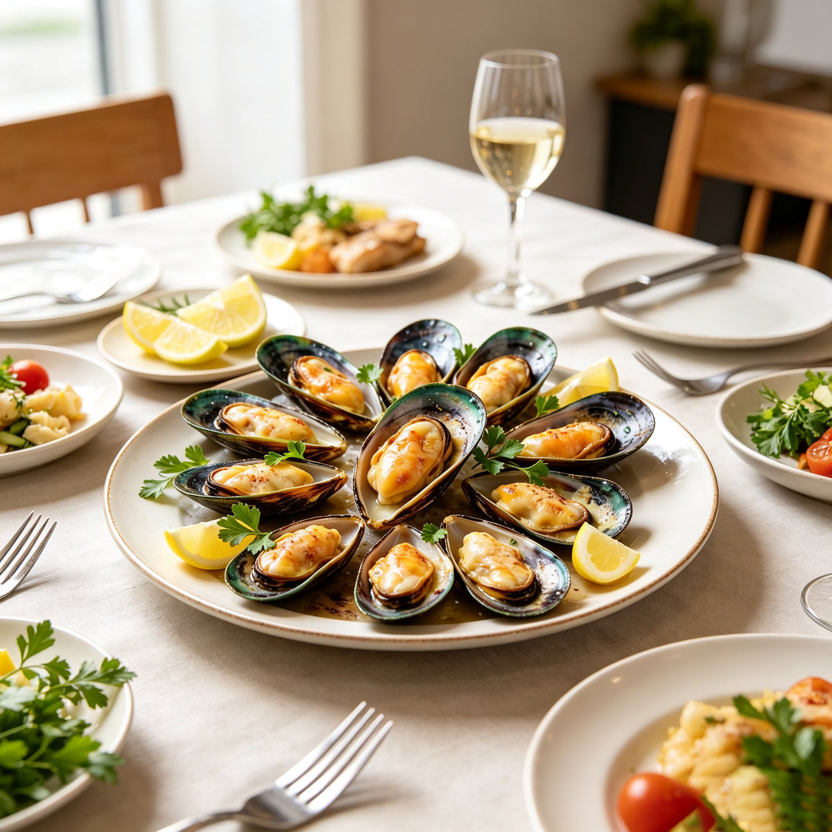 A platter of green lipped mussels with lemon on a dining table