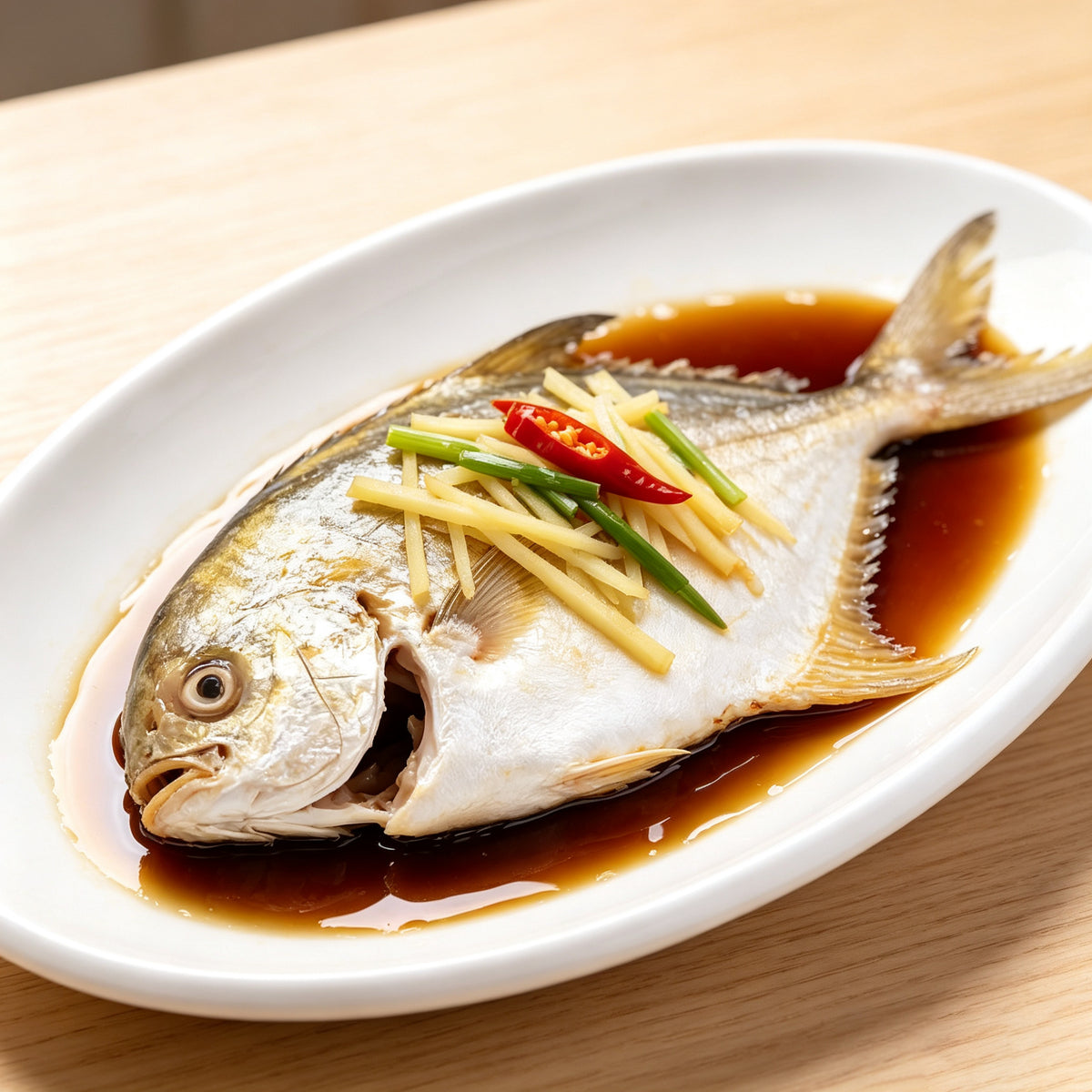 Steamed golden pompano dressed with soy and spring onion