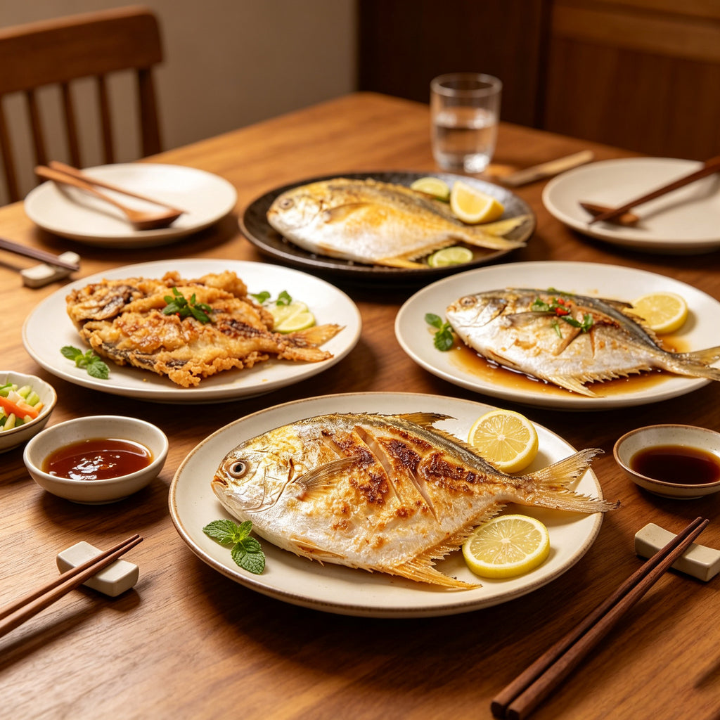 Golden pompano served at a family dining table
