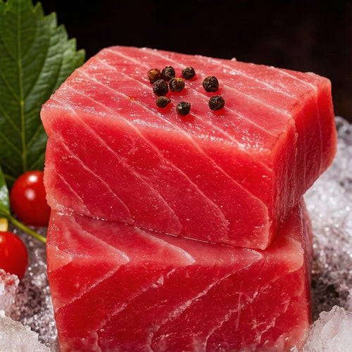 Chilled tuna block with fine white marbling on ice