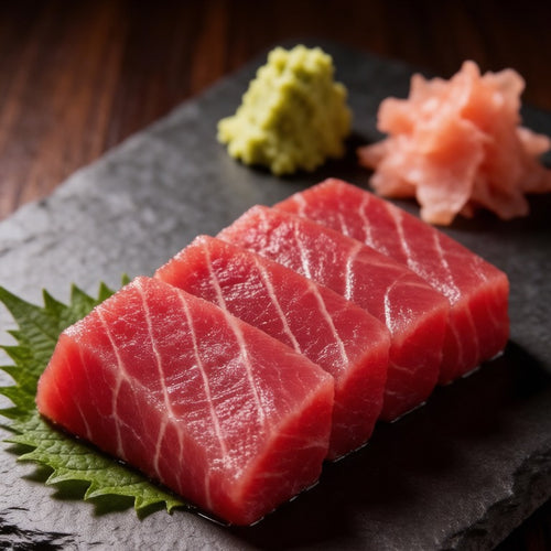 Slices of ruby red tuna arranged in a row with wasabi