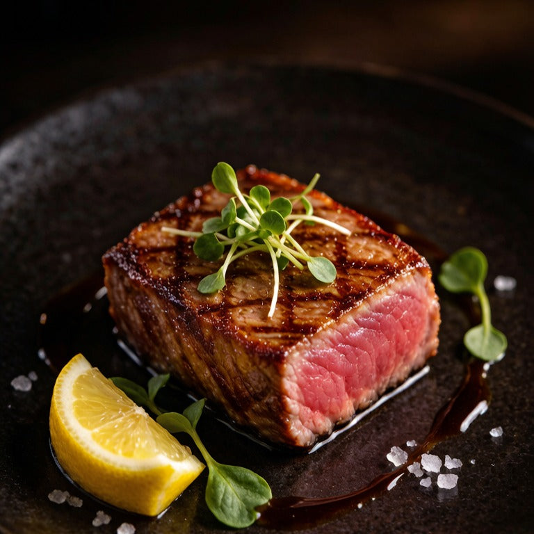 Seared tuna steak sliced to show a rare centre