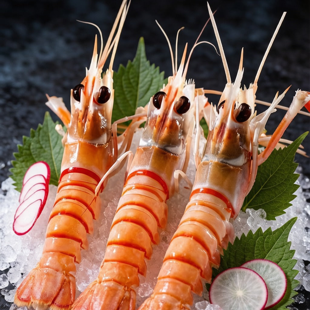 Langoustines arranged on crushed ice with lemon and radish