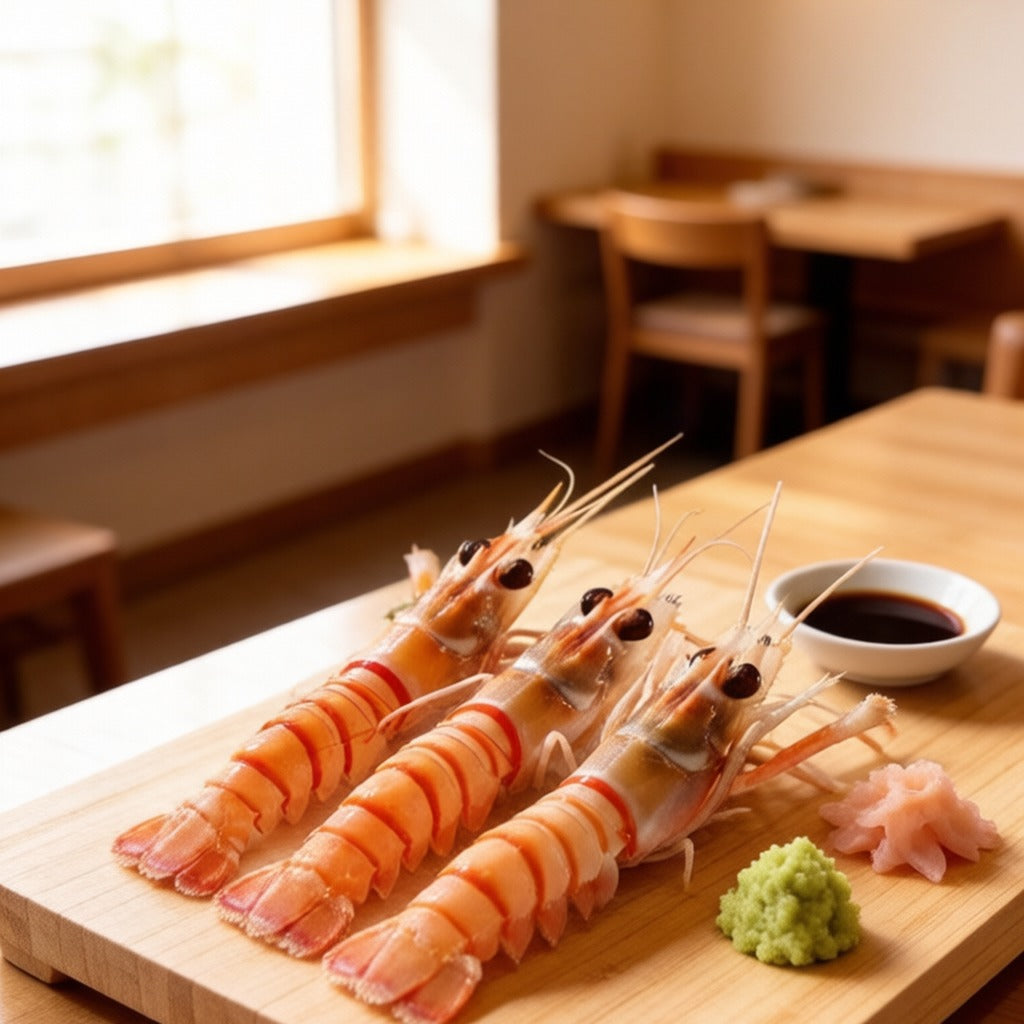 Langoustines plated on a bamboo board with soy dip