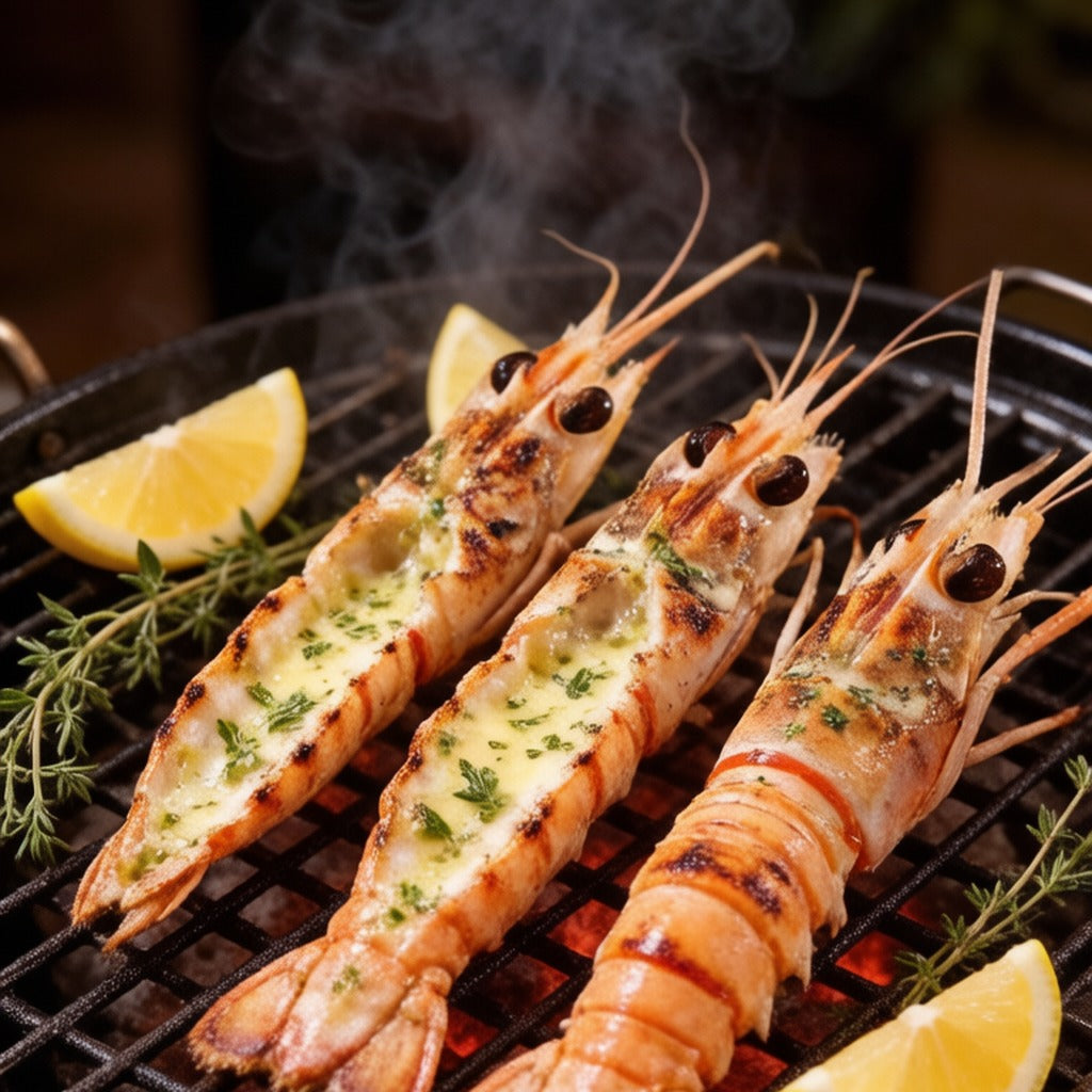 Grilled langoustines with herbs on a barbecue grate