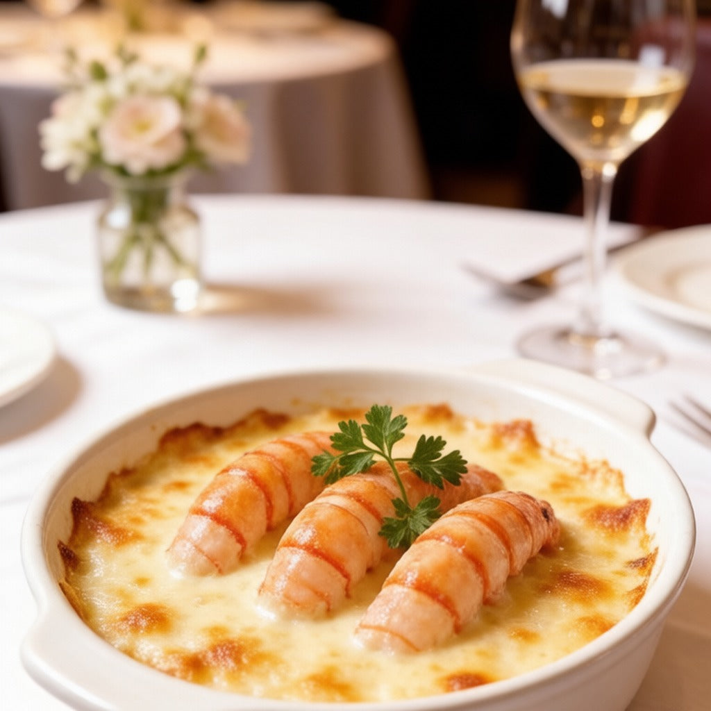 Langoustine tails baked in a creamy cheese gratin