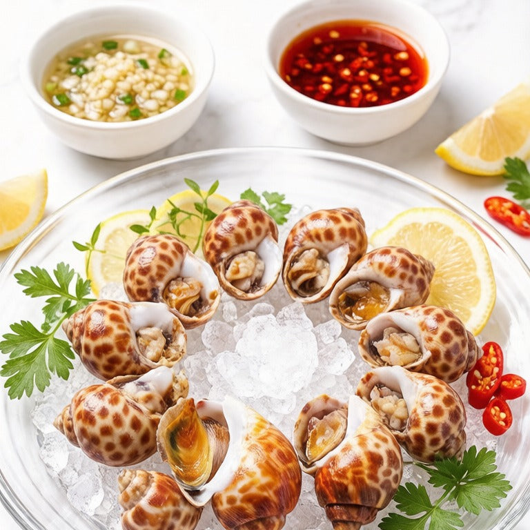 Babylon snails on crushed ice with dipping sauces