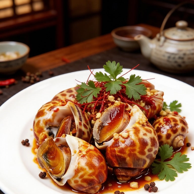 Braised Babylon snails in a rich sauce