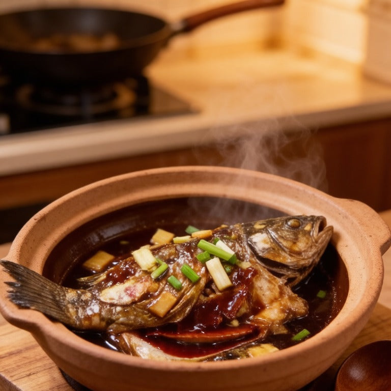 Grouper braised in a clay pot with spring onion