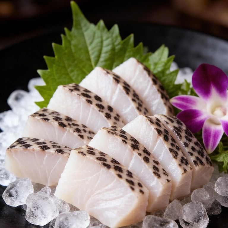 Slices of grouper arranged on ice with a flower garnish